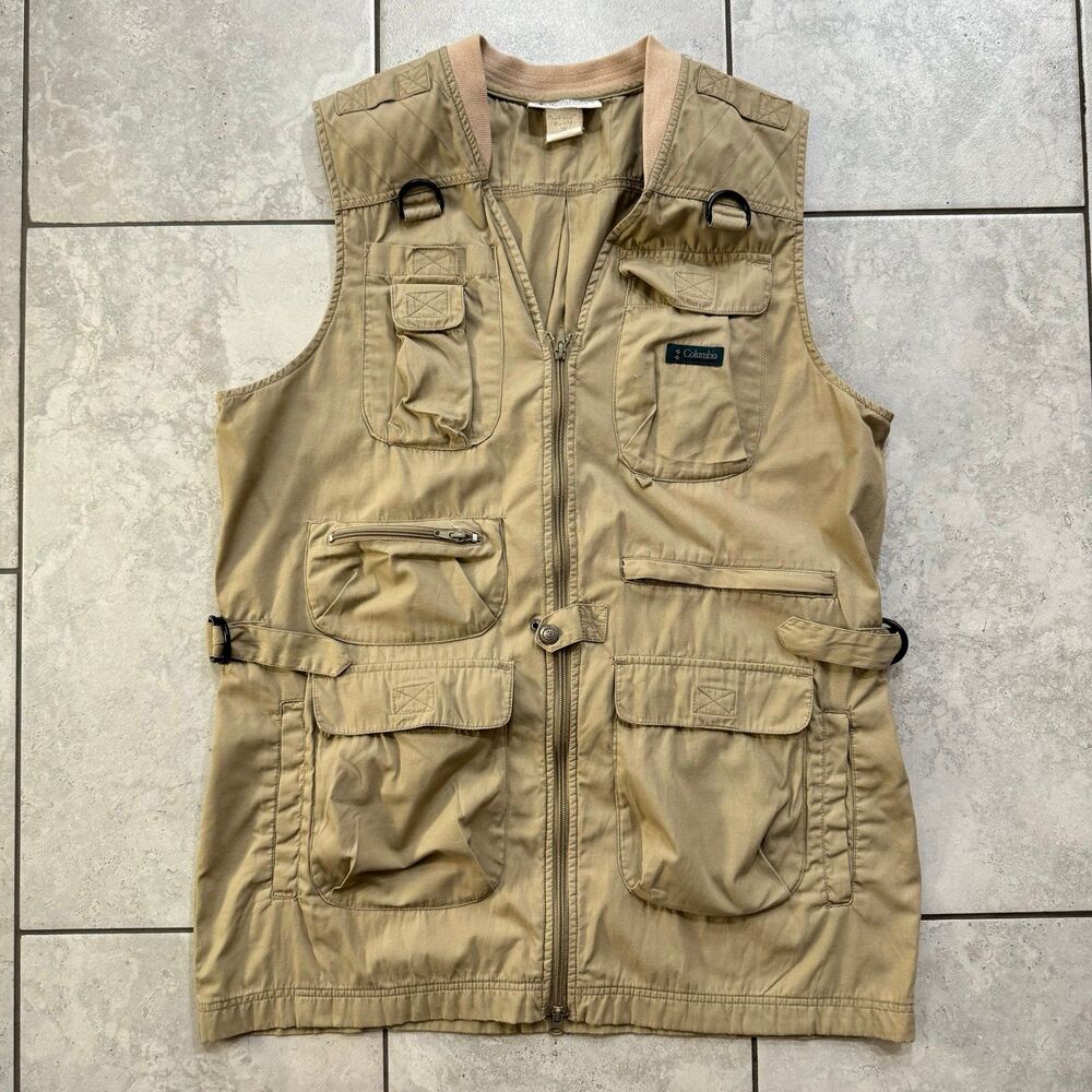 Vintage Columbia Vest Men's Large Long Pockets Brown Utility Fishing Hunting